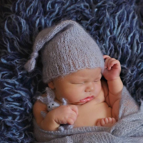 Mohair Sleep Cap Knitting Pattern Instant Download PDF Baby Hat Newborn Photo Prop Knit Mohair Hat Night Cap Newborn Cap Long Tail Hat Elf