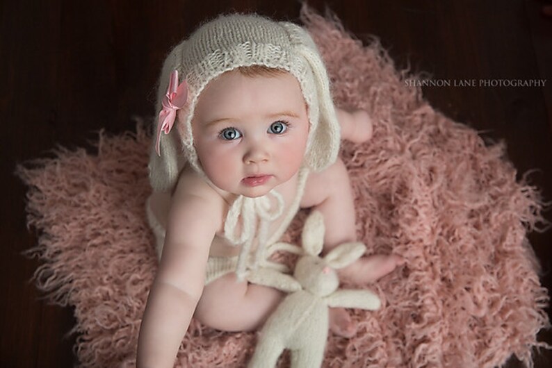 Fluffy Bunny Sitter Bonnet Knitting Pattern Instant Download PDF Baby Bonnet Hat Sitter Photo Prop Knit Easter Bunny Hat Floppy Ear Hat image 1