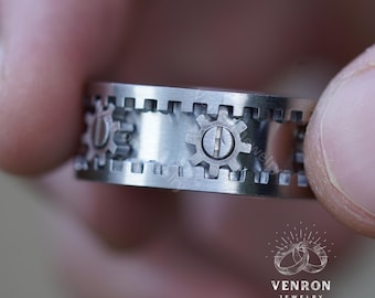 Anneau d'engrenage tournant en argent - anneau de vitesse pour homme en acier inoxydable, bijoux de réducteur, bague de vitesse pour homme, steampunk unique, cadeau de bague pour lui