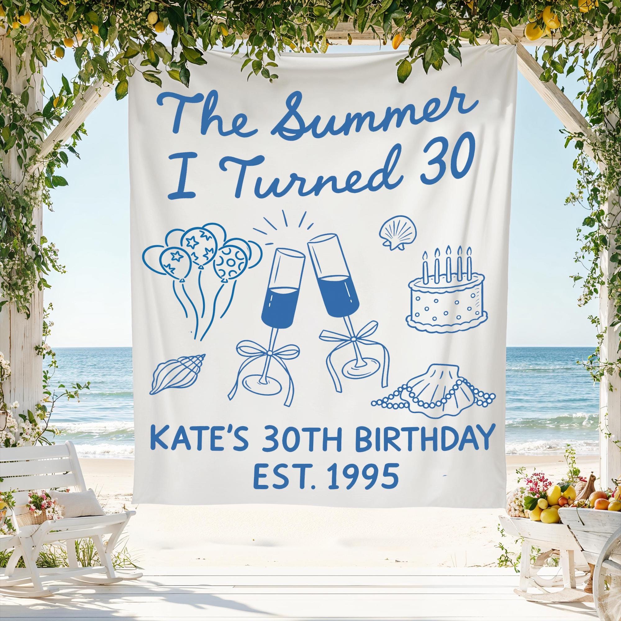 The Summer I Turned Birthday Tapestry, Custom Age Birthday Banner, Coastal Summer Party Decor, Beach Backdrop for Birthday Celebration