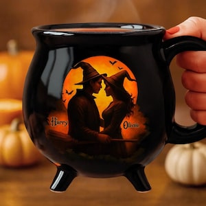 Custom Couple Witch Cauldron Coffee Mug - Halloween Witchy Gifts For Couple Lover, Family - Witching You A Wicked Brew Halloween Mug
