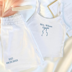 Personalized Embroidered Mrs. Pajama Set, Bride Tank and Joggers, Embroidered Bridal PJs, Bridal Shower Gift, Bride Lounge Set