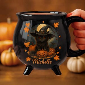 Balck Cat Witch Cauldron Mug, Personalized Halloween Gifts, Witching You a Wicked Brew, Halloween Tea Cups Woman Wiccan Gifts, Witch Mug