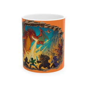 Fantasy Campaign Dragon Battle ceramic mug, D&D BBEG TTRPG Gift, 11oz 15oz, Dungeon Master, Roll the Dice Game Night, Coffee Tea Mug