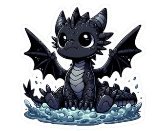 Könnte beinhalten: Ein Aufkleber mit einem Cartoon-Drachen mit großen Augen, schwarzen Schuppen und Flügeln. Der Drache sitzt im Wasser mit einem hellblauen und weißen Farbschema. Der Drache hat ein niedliches und freundliches Aussehen.