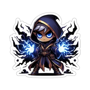 May include: A cartoon illustration of a young wizard with blue eyes and a dark blue robe. The wizard is casting a spell with blue lightning bolts emanating from their hands. The background is black with dark blue lightning bolts.