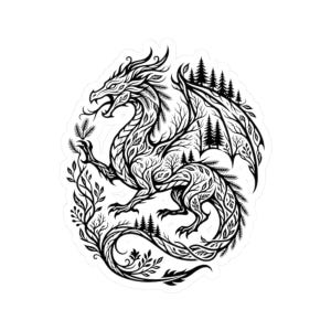 May include: A black and white sticker featuring a dragon illustration composed of intricate forest elements. The dragon's body is formed by tree branches, leaves, and pine trees, with its wings and tail curling into a circular shape.