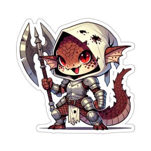 May include: A cartoon illustration of a lizard person wearing armor and a hooded cloak, holding a battle axe. The lizard person has red eyes and a long tail.