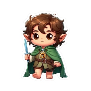 May include: A cartoon illustration of a hobbit holding a sword. He is wearing a green cloak, brown pants, and a belt with a ring. He has brown hair and big brown eyes.