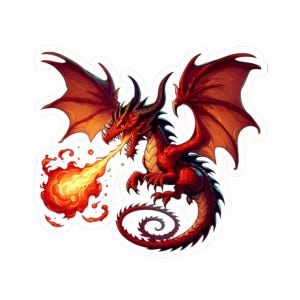 Può includere: Un adesivo raffigurante un drago rosso con corna nere e grandi ali. Il drago sputa fuoco, con fiamme nelle tonalità dell'arancione e del giallo. Il drago ha artigli affilati e una lunga coda arricciata.