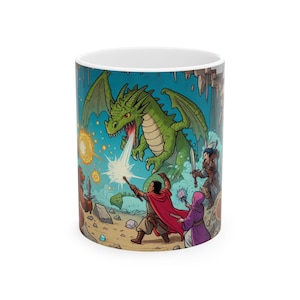 Fantasy Campaign Dragon Battle ceramic mug, D&D BBEG TTRPG Gift, 11oz 15oz, Dungeon Master, Roll the Dice Game Night, Coffee Tea Mug