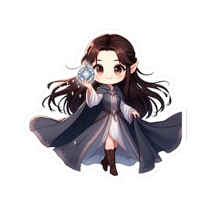 May include: A cartoon illustration of a young woman with long brown hair wearing a blue and white dress and a cape. She is holding a blue crystal orb in her hand.