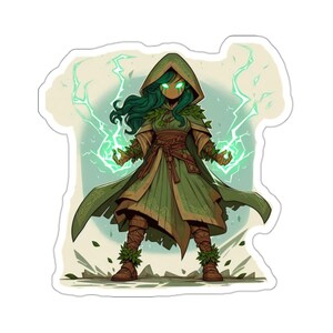 May include: A green-skinned woman with long green hair wearing a green hooded robe and holding glowing green energy in her hands. She is standing on a light brown background with green leaves.