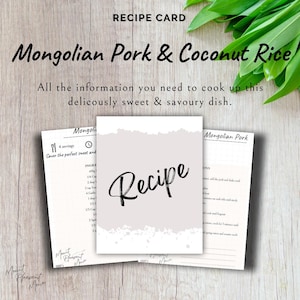 Receta imprimible de arroz con coco y cerdo mongol / Descarga instantánea / Plato principal fácil / Receta de cena de inspiración asiática / Guía digital