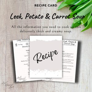 Digital Download Rezept-Karte für dicke und cremige Lee, Kartoffel & Karotten Suppe. Einfaches druckbares Rezept. Einfache und leckere Suppen-Rezeptkarte.