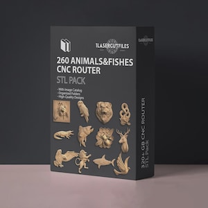May include: A black rectangular box labeled 260 ANIMALS&FISHES CNC ROUTER STL PACK. The front displays various light brown wood-carved animal figures including a bear, eagle, shark, and bee. The side text reads 320+ GB CNC ROUTER STL Pack.