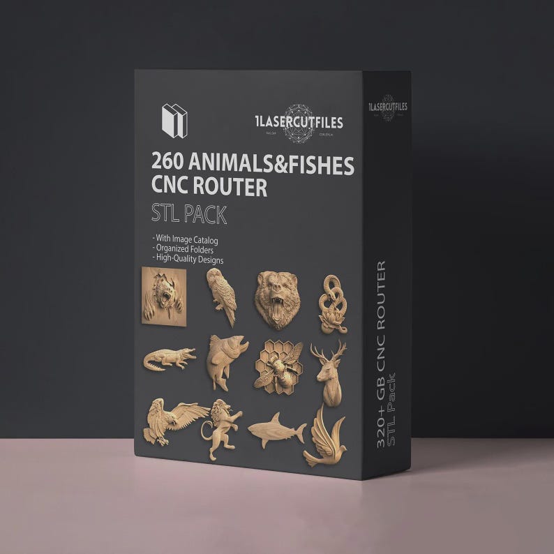 May include: A black rectangular box labeled 260 ANIMALS&FISHES CNC ROUTER STL PACK. The front displays various light brown wood-carved animal figures including a bear, eagle, shark, and bee. The side text reads 320+ GB CNC ROUTER STL Pack.