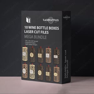 Op de afbeelding: Een zwarte rechthoekige productdoos met het label 1LASERCUTFILES 10 WINE BOTTLE BOXES LASER CUT FILES MEGA BUNDLE. De doos toont tien verschillende lasergesneden houten wijnflesdoosontwerpen met diverse geometrische patronen en teksten.
