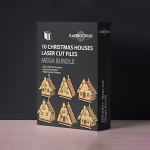 Op de afbeelding: Een zwarte doos toont een verzameling lasergesneden kersthuizen. De tekst luidt "10 Christmas Houses Laser Cut Files Mega Bundle" met bestandsformaatdetails. De huizen zijn gemaakt van lichtbruin hout, met gedetailleerde ontwerpen.
