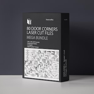 Puede incluir: Una caja negra con una imagen blanca de 80 diseños diferentes de esquinas de puertas. La caja está etiquetada como "80 Door Corners Laser Cut Files Mega Bundle". El texto en la caja también dice "SVG, CDR, DXF formats, Organized Folders, in english, High-Quality Designs".