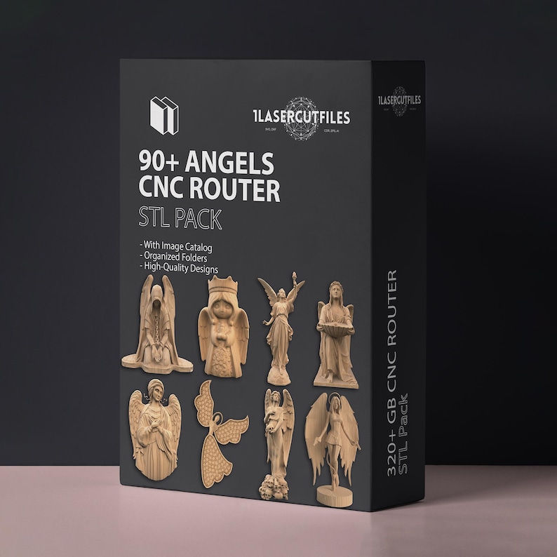 May include: A black rectangular box labeled 1LASERCUTFILES 90+ ANGELS CNC ROUTER STL PACK. The front displays eight distinct light brown wooden angel figurines, with text indicating an image catalog, organized folders, and high-quality designs.