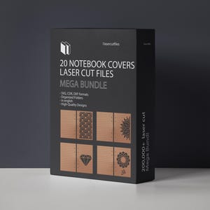 Może przedstawiać: Czarne pudełko prezentuje "20 NOTEBOOK COVERS LASER CUT FILES MEGA BUNDLE" z dekoracyjnymi wzorami. Tekst zawiera "SVG, CDR, DXF formats", "Organized Folders" i "High-Quality Designs". Pudełko zawiera również napis "200,000+ laser cut Mega Bundl".