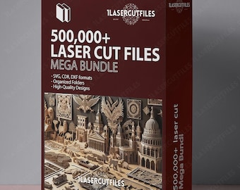 Puede incluir: Una caja rectangular de color granate oscuro con el texto 500,000+ LASER CUT FILES MEGA BUNDLE. La caja muestra una colección de intrincados modelos de madera cortados con láser, incluyendo estructuras arquitectónicas, vehículos y animales.