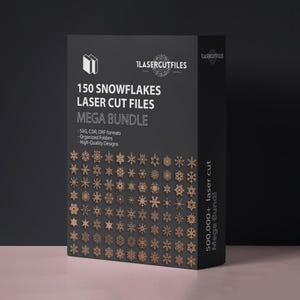 May include: A black box with the text "150 SNOWFLAKES LASER CUT FILES MEGA BUNDLE" and "500,000+ laser cut Mega Bundl". The box features a collection of snowflake designs in a gold color.