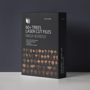 May include: A black box with a white label that says "60+ TREES LASER CUT FILES MEGA BUNDLE". The label also lists the file formats included: SVG, CDR, DXF. The box has a brown image of a variety of trees on the front.