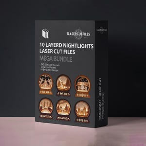 Peut inclure: Une boîte noire présente un "MEGA BUNDLE" de 10 fichiers de découpe laser pour veilleuses à plusieurs couches. La boîte présente six modèles de veilleuses en couleur bois clair, représentant diverses scènes. Le texte "1LASERCUTFILES" est visible.