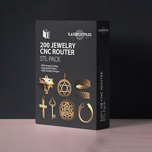 Può includere: Una scatola nera con la scritta "200 JEWELRY CNC ROUTER STL PACK" e vari disegni di gioielli dorati. La scatola include anche il testo "With Image Catalog, Organized Folders, High-Quality Designs" e "320+ GB CNC ROUTER STL Pack."