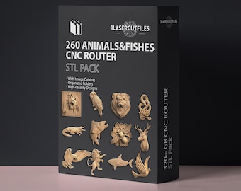 May include: A black box featuring the text "260 ANIMALS & FISHES CNC ROUTER STL PACK" with various animal and fish designs. The box also includes the text "With Image Catalog, Organized Folders, High-Quality Designs" and "320+ GB CNC ROUTER STL Pack".