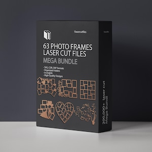 May include: A black box with a white label that says "63 Photo Frames Laser Cut Files Mega Bundle". The label also includes details about the file formats, organized folders, and high-quality designs. The box shows a preview of some of the photo frame designs, including a family photo frame, a heart-shaped frame, and a tree-shaped frame.
