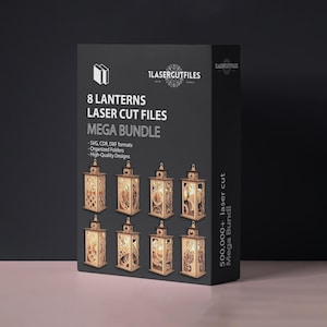 Puede incluir: Una caja negra muestra ocho faroles de madera con diseños intrincados. El texto en la caja dice "8 Lanternas Archivos de corte láser Mega Bundle" con detalles sobre los formatos de archivo y la calidad del diseño.