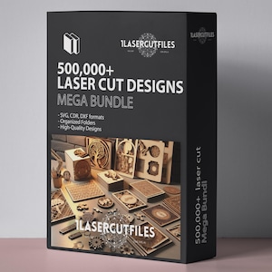 May include: A black box featuring the text "500,000+ Laser Cut Designs Mega Bundle." The box displays various laser-cut wooden designs, including intricate patterns and shapes. The text "LaserCutFiles" is also visible.