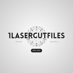 May include: A black and white logo with the text "1LASERCUTFILES" and a geometric design of a sphere. The text "SVG, DXF" appears below the logo on the left and "CDR, EPS, AI" appears below the logo on the right. The text "ESTD. 2024" appears in a white rectangle below the logo.