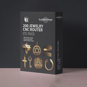 May include: A black rectangular box labeled 200 Jewelry CNC Router STL Pack by 1lasercutfiles. The box features gold-colored illustrations of various jewelry items including a wolf head, a Star of David, rings, a cross, a key, and a knot design.
