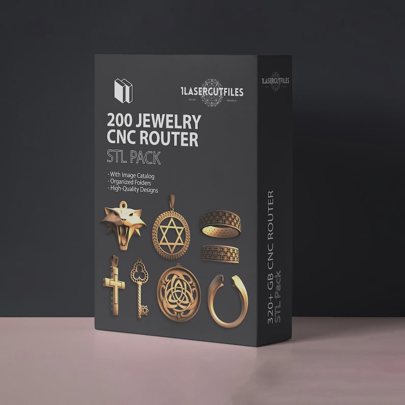 May include: A black rectangular box labeled 200 Jewelry CNC Router STL Pack by 1lasercutfiles. The box features gold-colored illustrations of various jewelry items including a wolf head, a Star of David, rings, a cross, a key, and a knot design.
