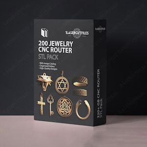 May include: A black rectangular box labeled 200 JEWELRY CNC ROUTER STL PACK with 320+ GB CNC ROUTER STL Pack text on the side. The front displays gold-colored jewelry designs including a wolf head, Star of David, rings, a cross, a key, and a knot.