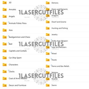 May include: A digital file directory list featuring yellow folder icons and text labels including 3D, Amulets, Angels, Animals Fishes Flora, Asia, Backgammon and Chess, Bed, Capitels and Corbels, Car Ship Sport, Characters, Clocks, Coat of Arms Medals, and Decor.