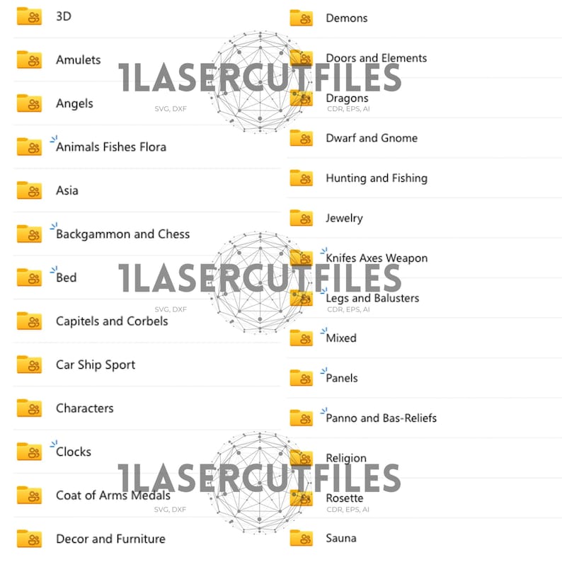 May include: A digital file directory list featuring yellow folder icons and text labels including 3D, Amulets, Angels, Animals Fishes Flora, Asia, Backgammon and Chess, Bed, Capitels and Corbels, Car Ship Sport, Characters, Clocks, Coat of Arms Medals, and Decor.