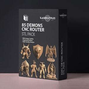May include: A black rectangular box labeled 85 DEMONS CNC ROUTER STL PACK with the 1LASERCUTFILES logo. The box displays seven wooden-textured demon figures and a shield-shaped face, with text noting an image catalog and organized folders.