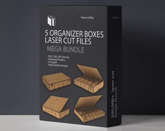 Laser cut 5 Organizer Boxes set SVG bundle files Vector template Dxf cnc pattern
