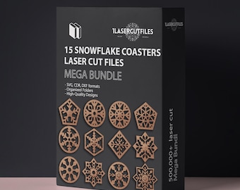 Laser cut 15 Wooden Christmas snowflake coasters SVG bundle glowforge files Vector template file Dxf Pdf Eps Cdr cnc pattern