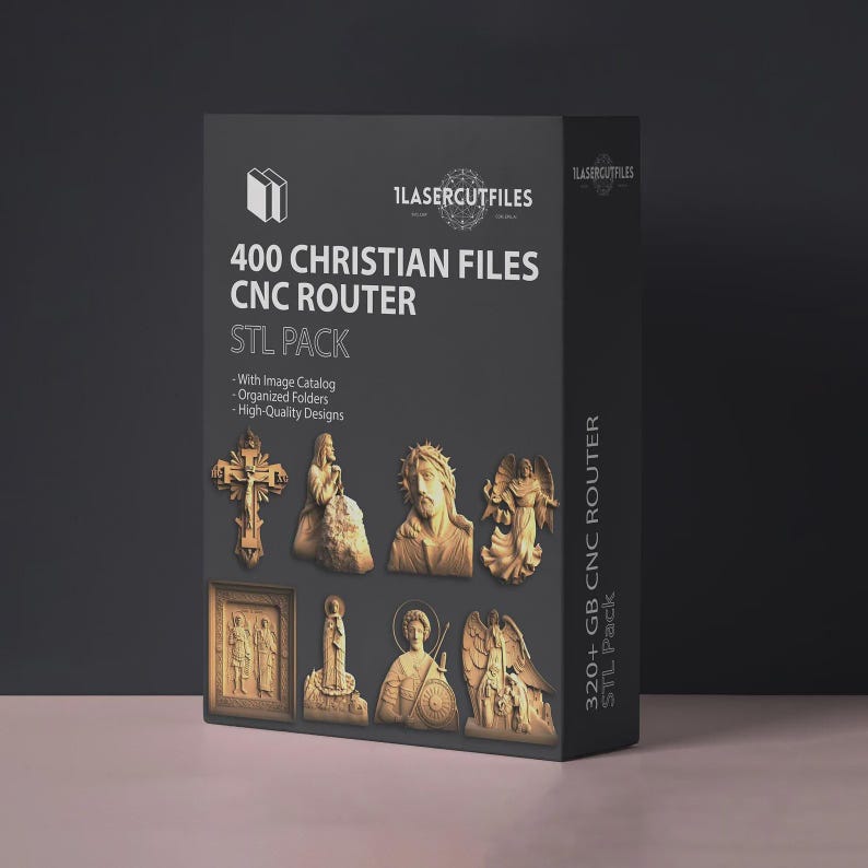 May include: A dark gray rectangular box labeled 400 CHRISTIAN FILES CNC ROUTER STL PACK. The front displays various religious carvings including a cross, figures of Jesus, and angels. Text includes With Image Catalog, Organized Folders, and High-Quality Designs.