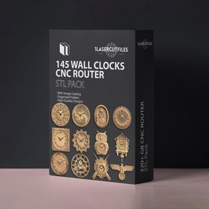 May include: A black rectangular box featuring the text 1LASERCUTFILES 145 WALL CLOCKS CNC ROUTER STL PACK. The box displays various wooden-toned clock designs, including circular, square, owl-shaped, and eagle-shaped motifs, with 320+ GB listed on the side.