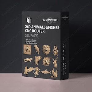 Op de afbeelding: Een zwarte rechthoekige doos met het label 260 ANIMALS&FISHES CNC ROUTER STL PACK. De voorzijde toont diverse 3D-reliëfs van dieren, waaronder een beer, adelaar, haai en bij. De tekst bevat With Image Catalog, Organized Folders, High-Quality Designs.
