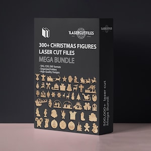 May include: A black box displays a collection of laser cut Christmas figures. Text on the box reads "300+ Christmas Figures Laser Cut Files Mega Bundle." The box also lists file formats and design features. The figures are various shapes and sizes.