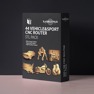 May include: A black box with the text "44 VEHICLE & SPORT CNC ROUTER STL PACK" and the "ILASERCUTFILES" logo. The box shows wooden carvings of a car, athlete, tractor, motorcycle, boxing gloves, and a US flag.