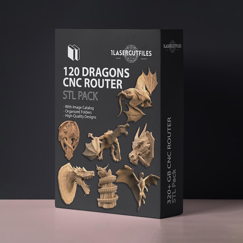 May include: A black rectangular box labeled 120 DRAGONS CNC ROUTER STL PACK featuring various light brown dragon illustrations. The text includes With Image Catalog, Organized Folders, and High-Quality Designs. The side displays 320+ GB CNC ROUTER STL PACK.